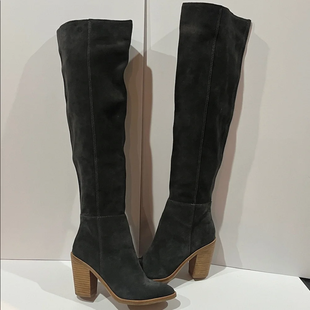 Dark Gray Suede Knee-High Boots